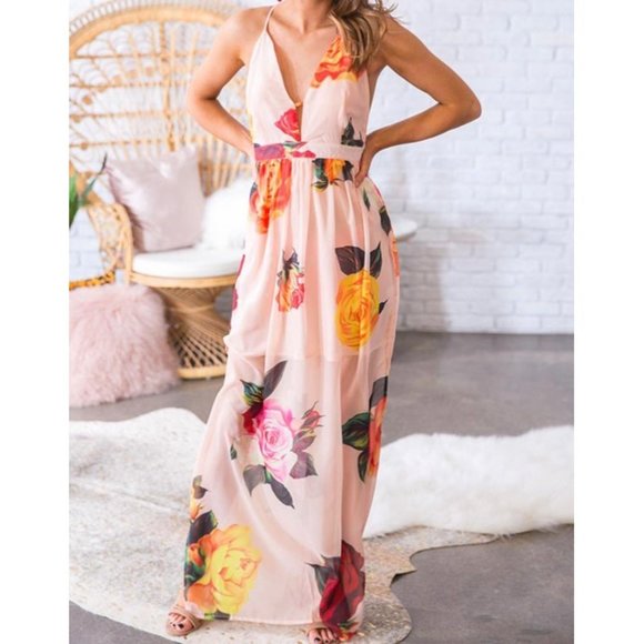 L’Atiste by Amy Peach Floral Chiffon Sleeveless Maxi Dress Open Back size Small - Picture 3 of 16